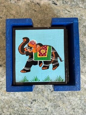 Hand-Painted Elephant Tile Coaster Set